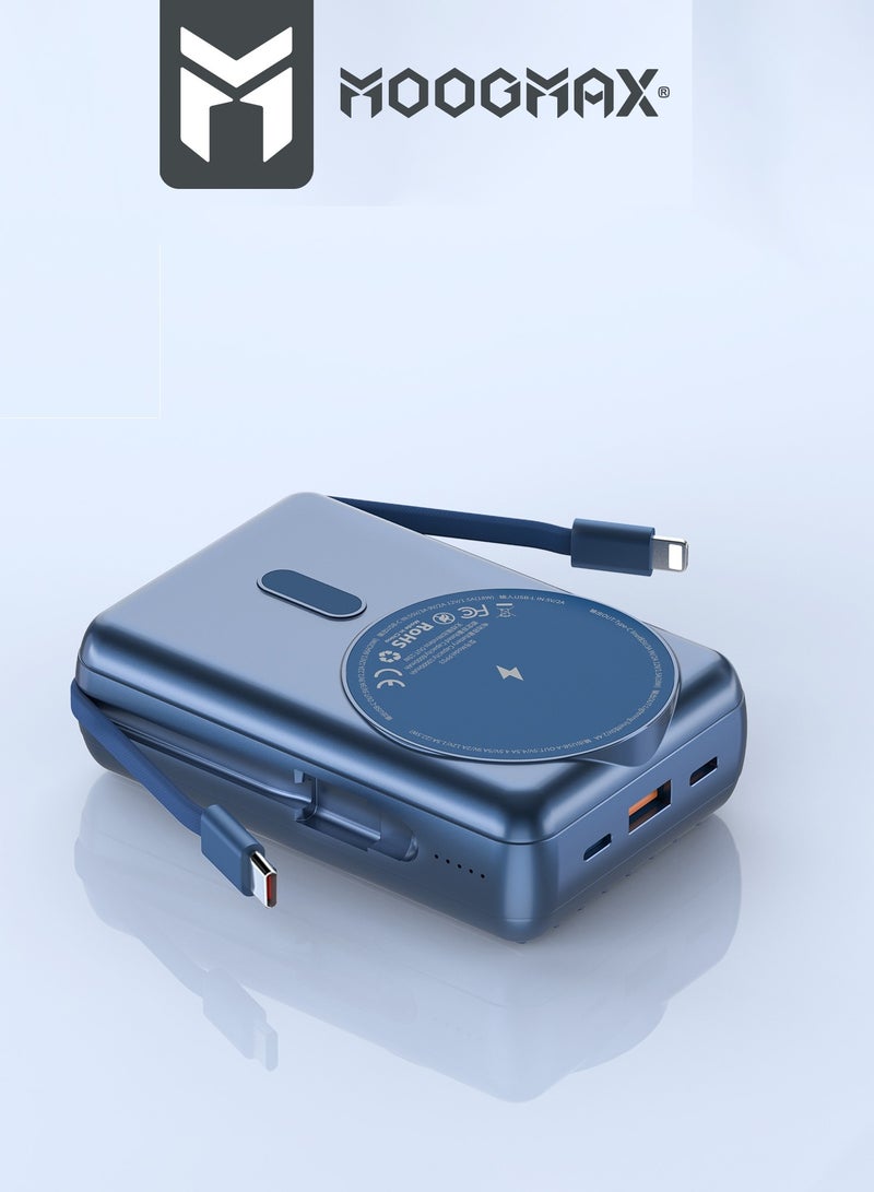 MOOGMAX 20000mAh Trunk series magnetic wireless power bank  22.5W super-charging, two built-in cables with 15W wireless charging, 3 external ports 1 Type-C and 1 Type-A, and a Lightning port. Blue  - Image 5