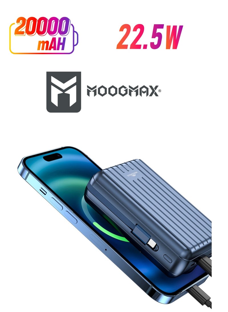 MOOGMAX 20000mAh Trunk series magnetic wireless power bank  22.5W super-charging, two built-in cables with 15W wireless charging, 3 external ports 1 Type-C and 1 Type-A, and a Lightning port. Blue  - Image 1