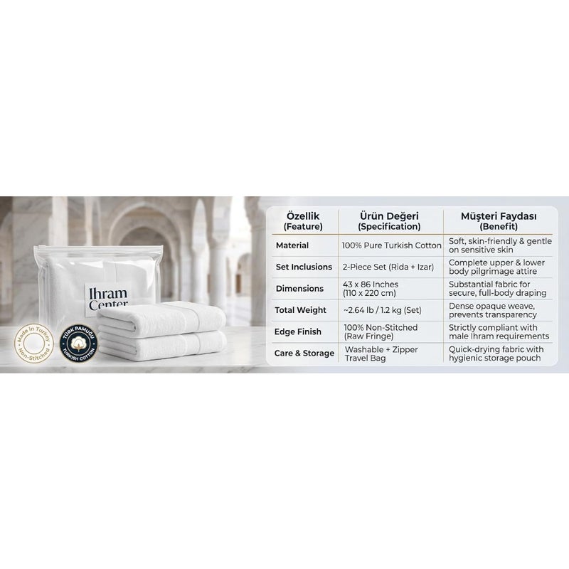 Ihram for Men for Hajj and Umrah 2 PCS Hygienic Natural 100 Cotton Towels 110 x 220 cm Travel Home Religious Use - Image 4