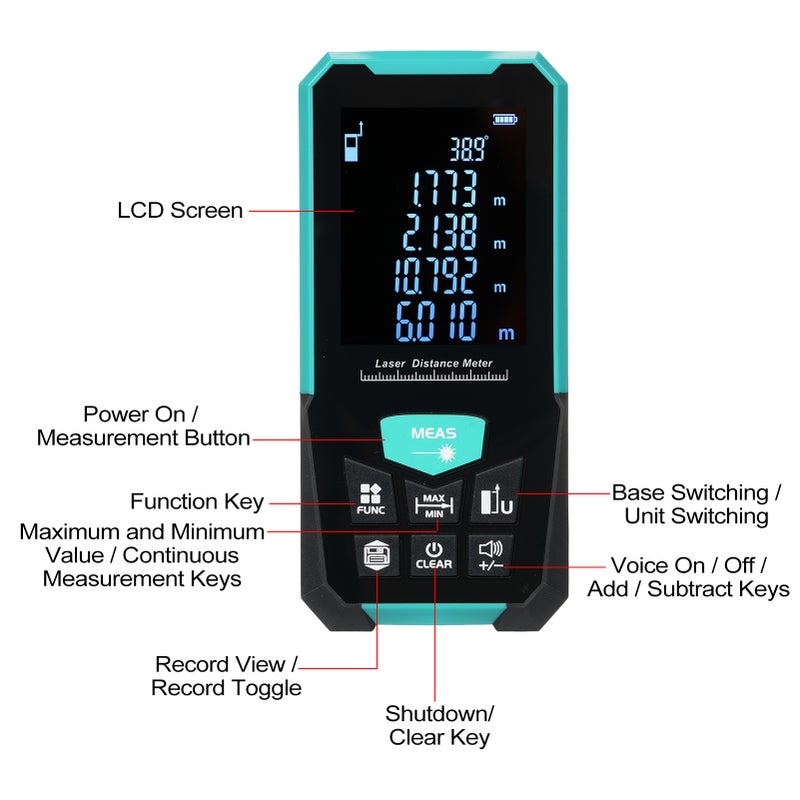 Profesional Distance Meter 120m/393ft Tape Measure Rangefinder with Single Continuous Volumes Area Pythagoras Measurement Modes Digital Range Finder USB Charging - Image 5
