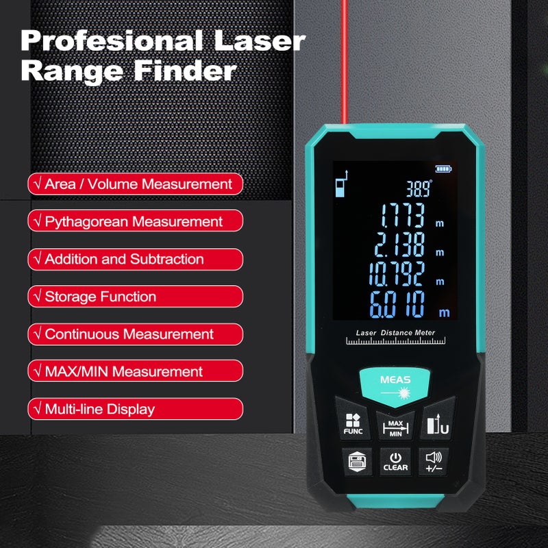 Profesional Distance Meter 120m/393ft Tape Measure Rangefinder with Single Continuous Volumes Area Pythagoras Measurement Modes Digital Range Finder USB Charging - Image 2