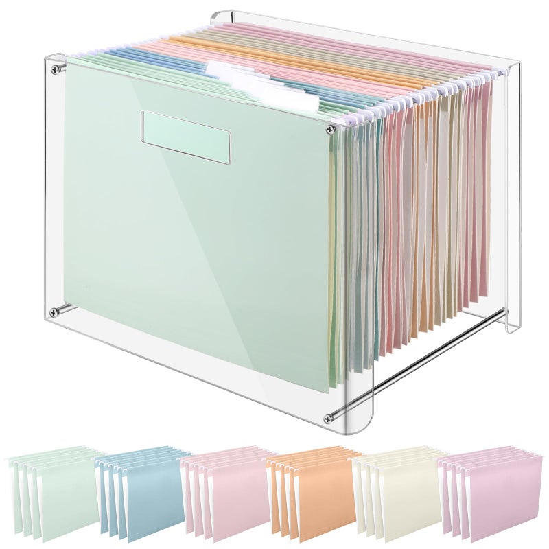 Dispowreath 24 Hanging File Folder With Acrylic Organizer For Letter A4 Size Desktop Clear File Storage Box With Handles For Home Work Office Use Colorful Classic