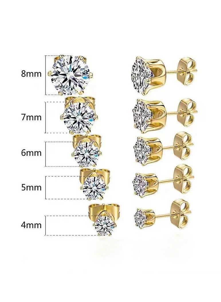 Women's 18K Gold Plated CZ Stud Earrings Simulated Diamond Round Cubic Zirconia Ear Stud Set5 Pairs)