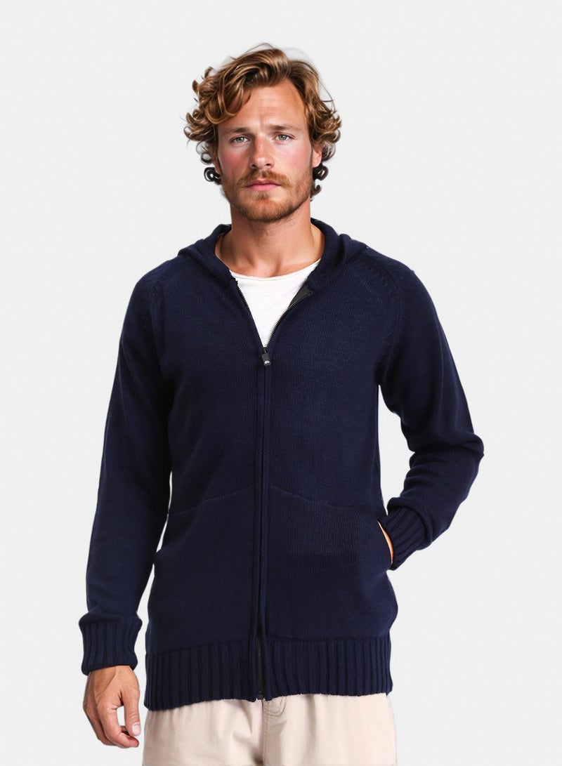 RAVIN Men Hooded Neck Full Zipper Knitted Sweater Navy Blue - Image 1