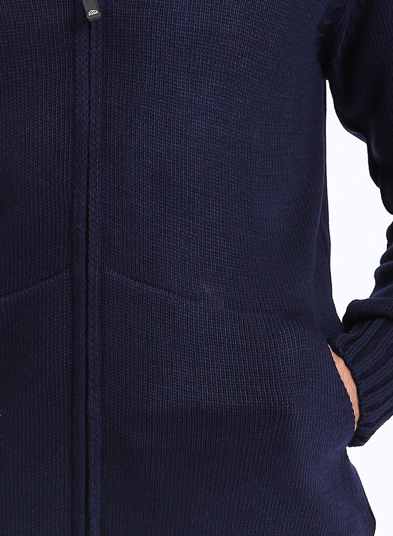 RAVIN Men Hooded Neck Full Zipper Knitted Sweater Navy Blue - Image 3