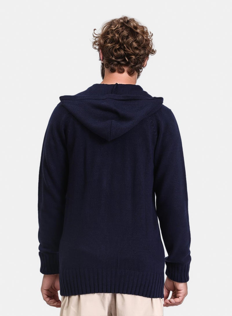 RAVIN Men Hooded Neck Full Zipper Knitted Sweater Navy Blue - Image 2