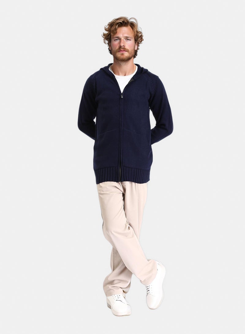 RAVIN Men Hooded Neck Full Zipper Knitted Sweater Navy Blue - Image 4