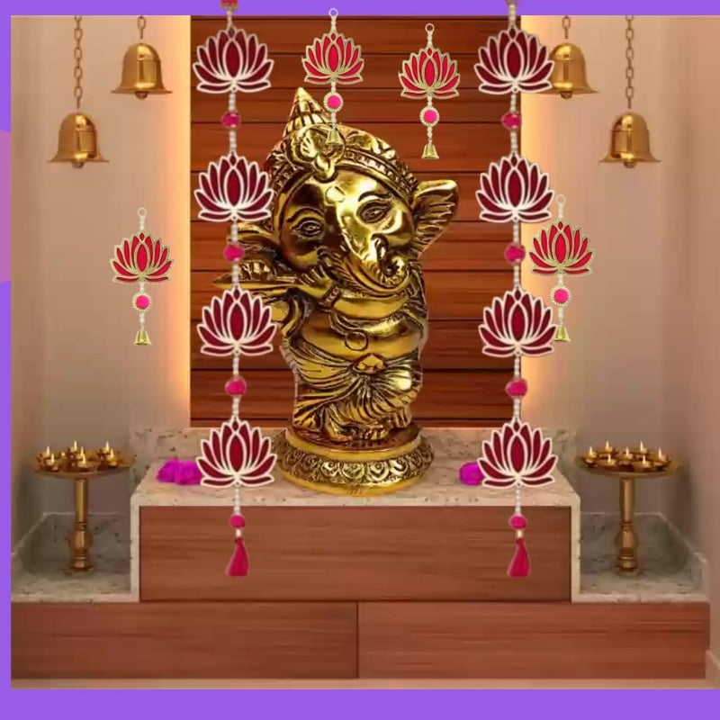 PREETENCY 1 Pair of Resa Lotus Latkan with 4 Bell Lotus Hanging Combo Wall Hanging Gift Decorative Showpiece for DiwaliHome Wall Decor Temple 1 Pair Resa Lotus Hanging with 4 Bell Lotus Hanging  - Image 1