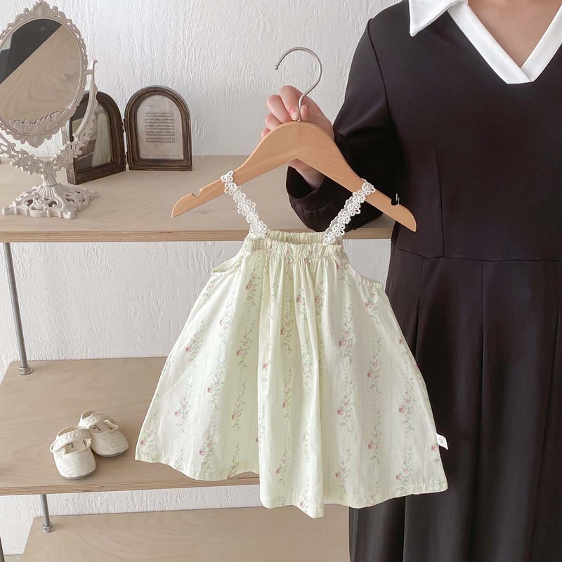 2024 Korean Style Summer Girls Baby Babys Slip Skirt Cotton Breathable Printed Wide Swing A- line Skirt dress Apricot