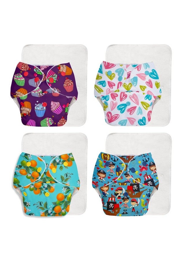 SuperBottoms BASIC - Pack of 8 (4 Shell + 4 Insert) Soft Fleece Lined Freesize Adjustable and Reusable Cloth Diaper with Inserts for babies 0-3 Years | ASSORTED PRINTS (Option1) - Image 1