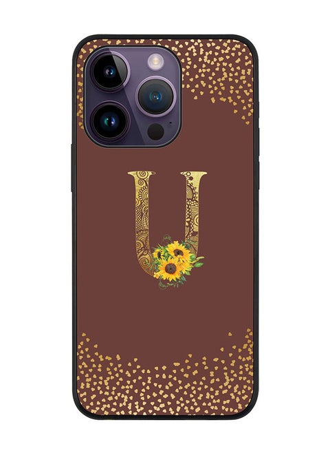 Rugged Black edge case for Apple iPhone 14 Pro Slim fit Soft Case Flexible Rubber Edges Anti Drop TPU Gel Thin Cover - Custom Monogram Initial Letter Floral Pattern Alphabet - U (Brown )