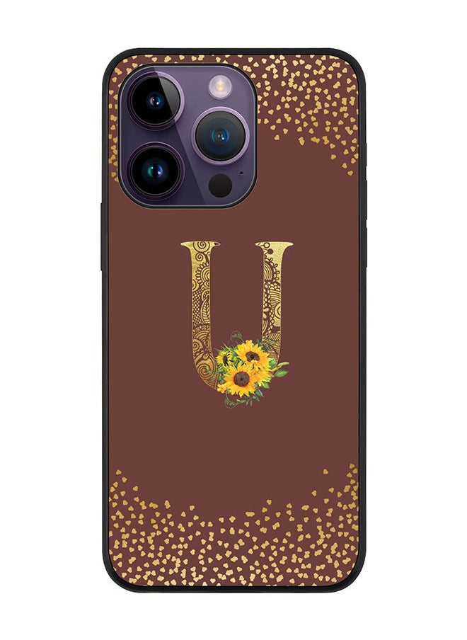 Rugged Black edge case for Apple iPhone 14 Pro Slim fit Soft Case Flexible Rubber Edges Anti Drop TPU Gel Thin Cover - Custom Monogram Initial Letter Floral Pattern Alphabet - U (Brown )