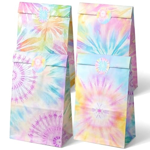 Outego Tie Dye Party Favor Bags – 24 Pcs Pastel Gift Bags with 4 Designs, Paper Goodie for Birthday Party, Hippie Theme Decorations and Supplies - Image 1