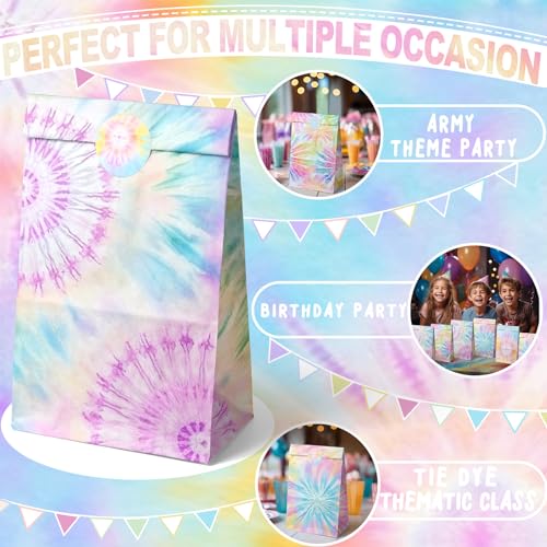 Outego Tie Dye Party Favor Bags – 24 Pcs Pastel Gift Bags with 4 Designs, Paper Goodie for Birthday Party, Hippie Theme Decorations and Supplies - Image 4