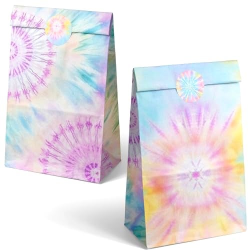 Outego Tie Dye Party Favor Bags – 24 Pcs Pastel Gift Bags with 4 Designs, Paper Goodie for Birthday Party, Hippie Theme Decorations and Supplies - Image 2