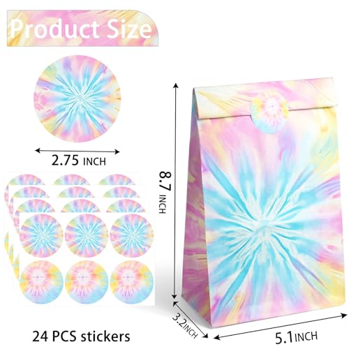 Outego Tie Dye Party Favor Bags – 24 Pcs Pastel Gift Bags with 4 Designs, Paper Goodie for Birthday Party, Hippie Theme Decorations and Supplies - Image 3
