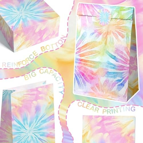 Outego Tie Dye Party Favor Bags – 24 Pcs Pastel Gift Bags with 4 Designs, Paper Goodie for Birthday Party, Hippie Theme Decorations and Supplies - Image 5