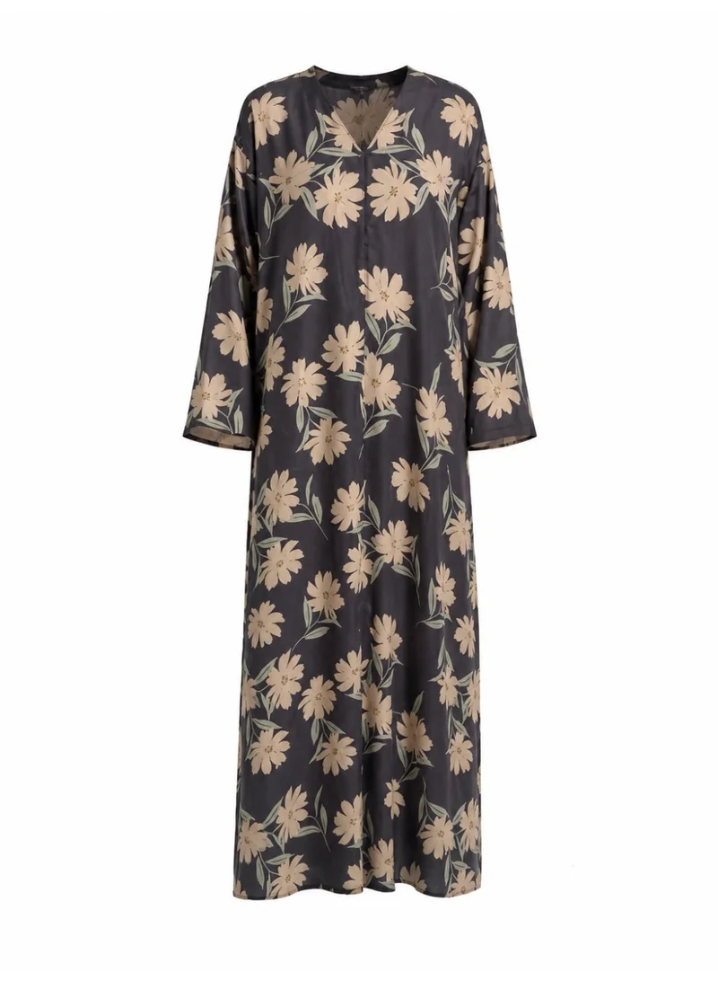 Amnad International Ash Bloom Silk Abaya with Matching Chiffon Hijab, Charcoal Grey Wildflower Print, Sizes 52-60 inches