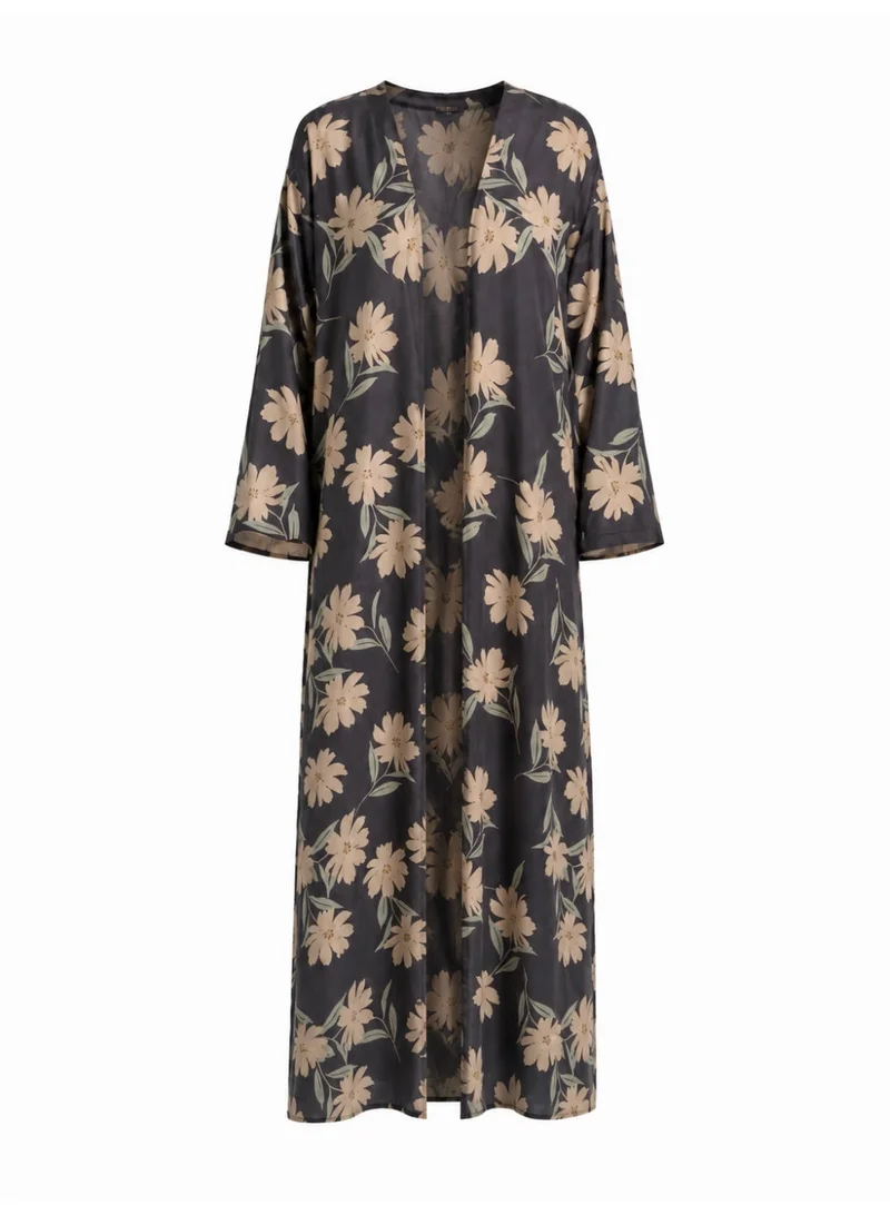 Amnad International Ash Bloom Silk Abaya with Matching Chiffon Hijab, Charcoal Grey Wildflower Print, Sizes 52-60 inches