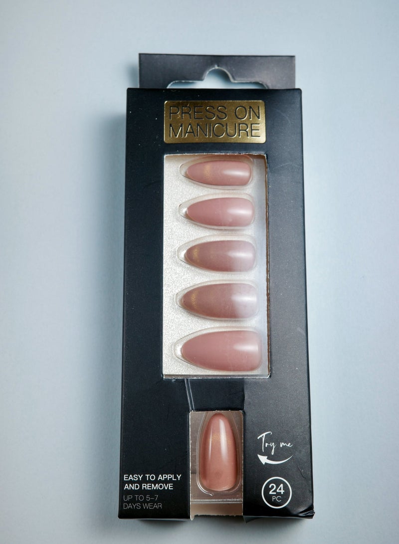 Almond Cat eye effect Press On Nails, Gradient Gold Foil Stiletto Press-On Nails (24 Pcs) - Nude Pink Brown Glossy False Nail Kit for Women - Image 1