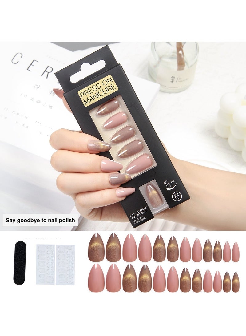 Almond Cat eye effect Press On Nails, Gradient Gold Foil Stiletto Press-On Nails (24 Pcs) - Nude Pink Brown Glossy False Nail Kit for Women - Image 2