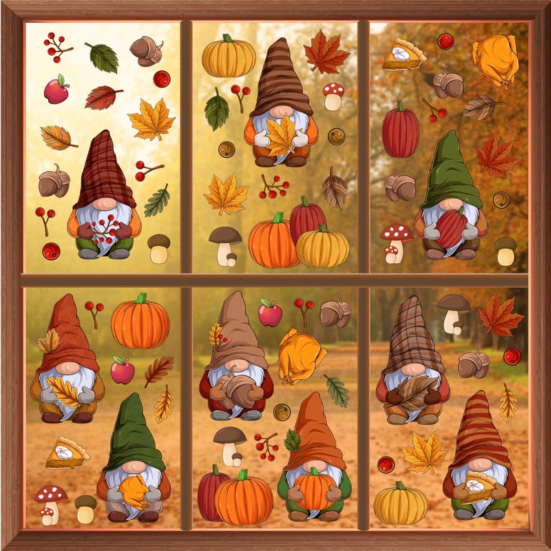WALPLUS Thanksgiving Autumn Fall Window Clings for Glass Windows Stickers Fall Leaves Seasonal Decorations for Kids Fall Window Decor and Clearance Thanksgiving Gnomes