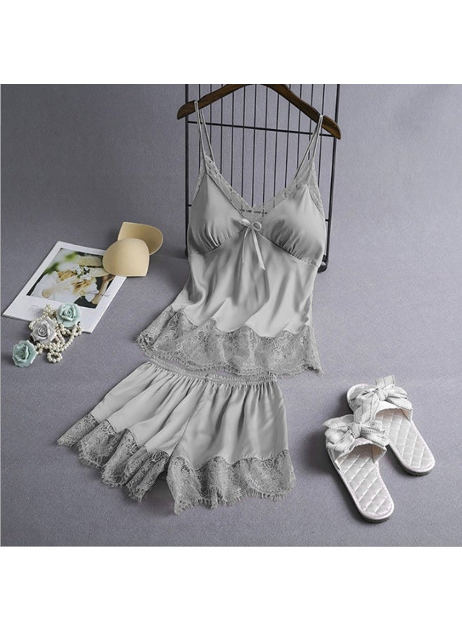 طقم بيجامة نسائي مكون من قطعتين، قميص نوم دانتيل متباين اللون مع قميص داخلي وشورت