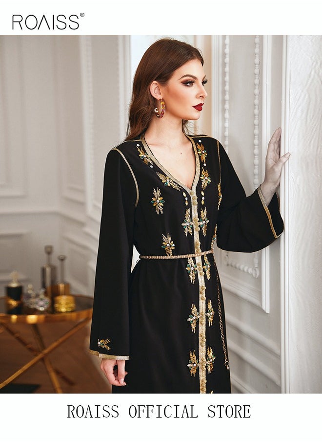 roaiss - Women Luxury Phnom Penh V-neck Rhinestone Robe Maxi Dresses Modern Stylish Abaya Hand Sewn Drill Dress Middle East Arabic Banquet Wedding Party Dress Women's Festival Clothing - Image 1