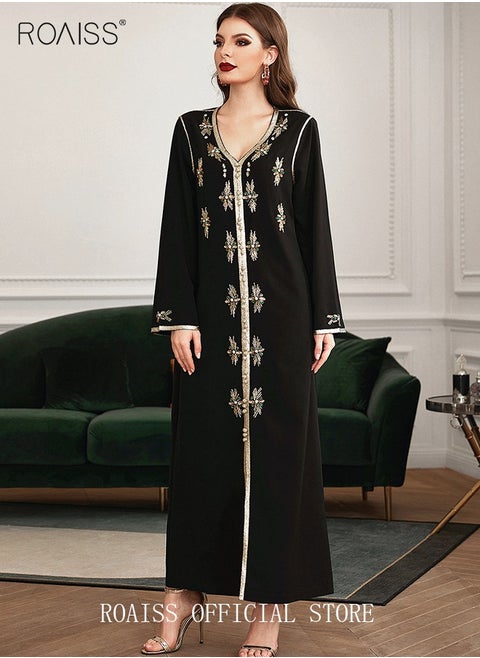 Women Luxury Phnom Penh V-neck Rhinestone Robe Maxi Dresses Modern Stylish Abaya Hand Sewn Drill Dress Middle East Arabic Banquet Wedding Party Dress Women's Festival Clothing