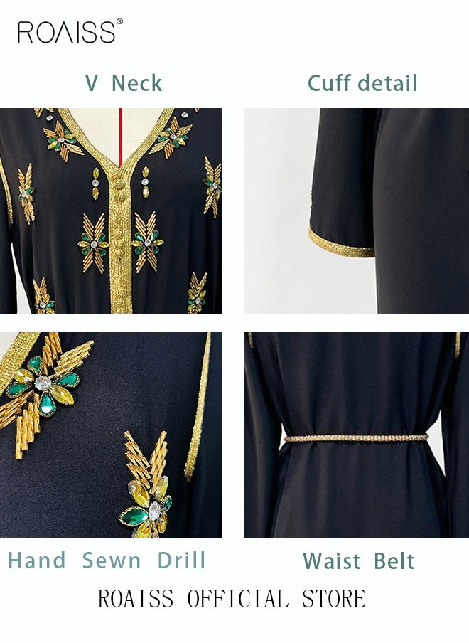 roaiss - Women Luxury Phnom Penh V-neck Rhinestone Robe Maxi Dresses Modern Stylish Abaya Hand Sewn Drill Dress Middle East Arabic Banquet Wedding Party Dress Women's Festival Clothing - Image 1