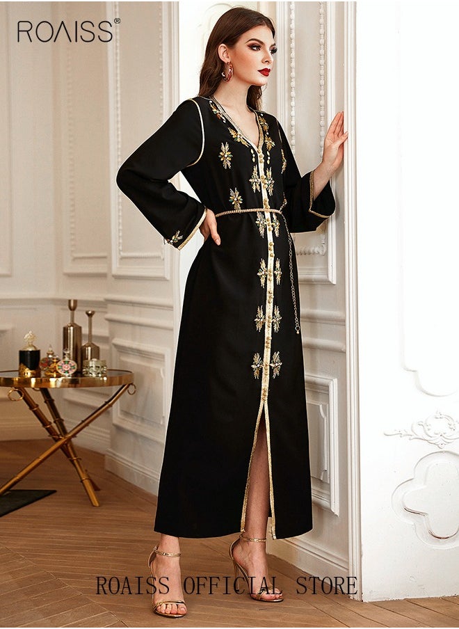 roaiss - Women Luxury Phnom Penh V-neck Rhinestone Robe Maxi Dresses Modern Stylish Abaya Hand Sewn Drill Dress Middle East Arabic Banquet Wedding Party Dress Women's Festival Clothing - Image 1