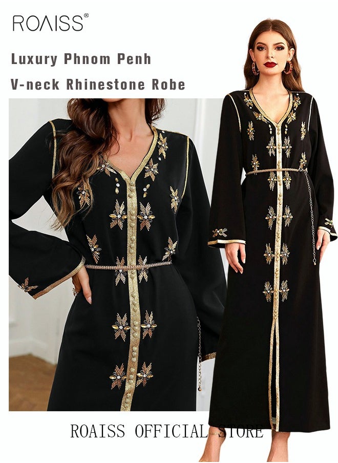 roaiss - Women Luxury Phnom Penh V-neck Rhinestone Robe Maxi Dresses Modern Stylish Abaya Hand Sewn Drill Dress Middle East Arabic Banquet Wedding Party Dress Women's Festival Clothing - Image 1