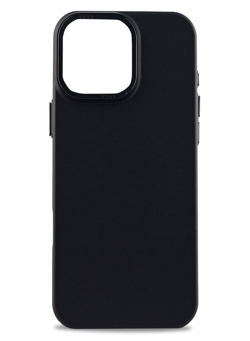 حافظة جلدية فاخرة من جلد الليتشي بلون سادة ونحيفة للغاية لجهاز iPhone 16 Pro (أسود)