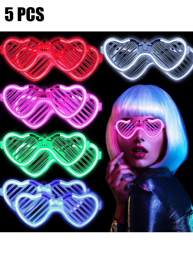 HY Light-up LED Glasses, 5 Pack Heart Shape Toys Party Favors Glow In The Dark Supplies Shutter Shades Sunglasses Luminous Neon in the Dark for Adult Kids - Image 1