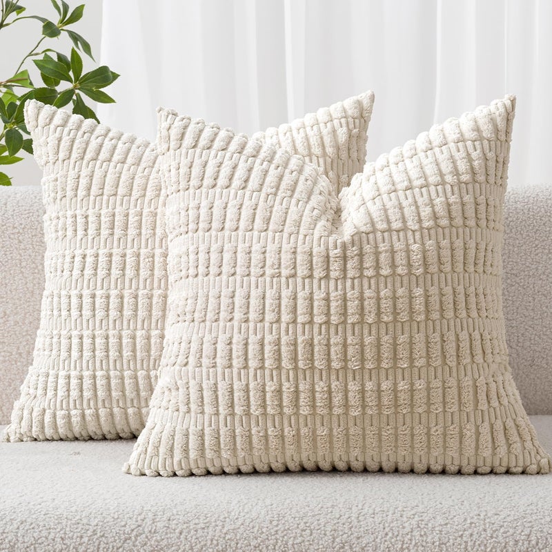MIULEE Pack of 2 Corduroy Decorative Throw Pillow Covers 16x16 Inch Soft Boho Striped Pillow Covers Modern Farmhouse Home Decor for Sofa Living Room Couch Bed Cream White - Image 1