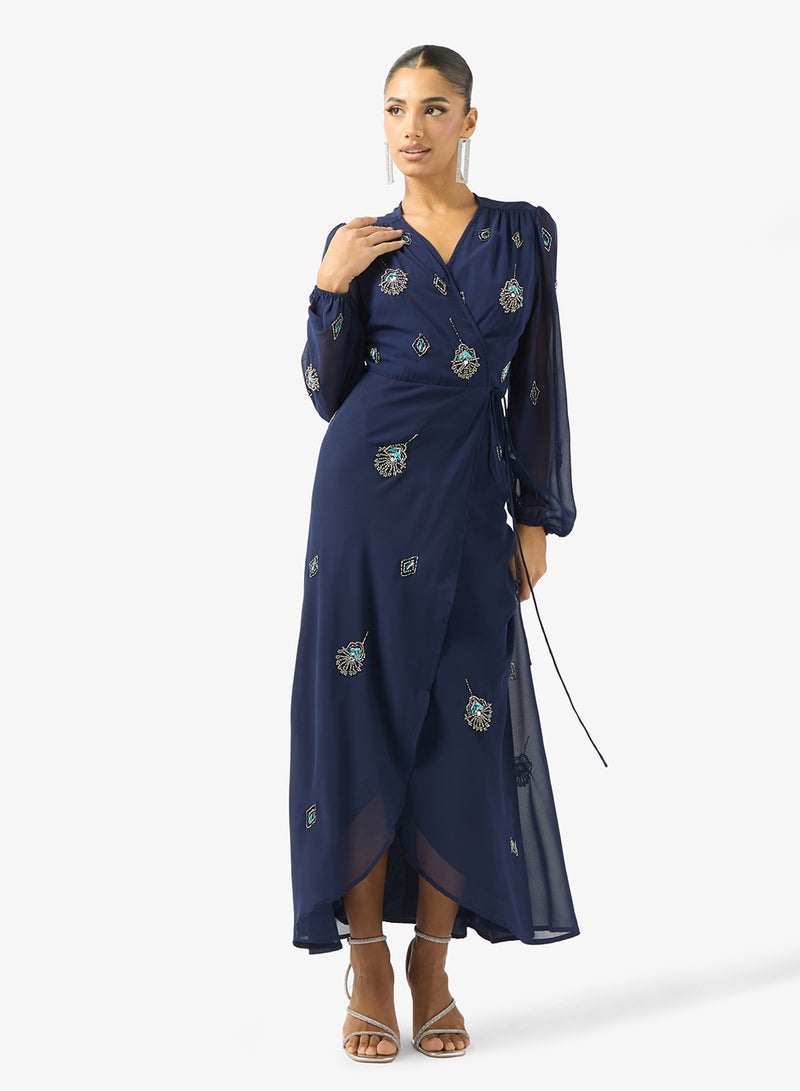 Hope & Ivy Embellished Blouson-Sleeve  Wrap  Maxi Dress - Image 1