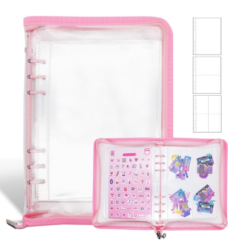 Ruatu Sticker Storage Organizer Binder A5 Reusable Sticker Book Collecting Holder Keeper Album with Pocket Zipper for Adult (pink) - Image 1