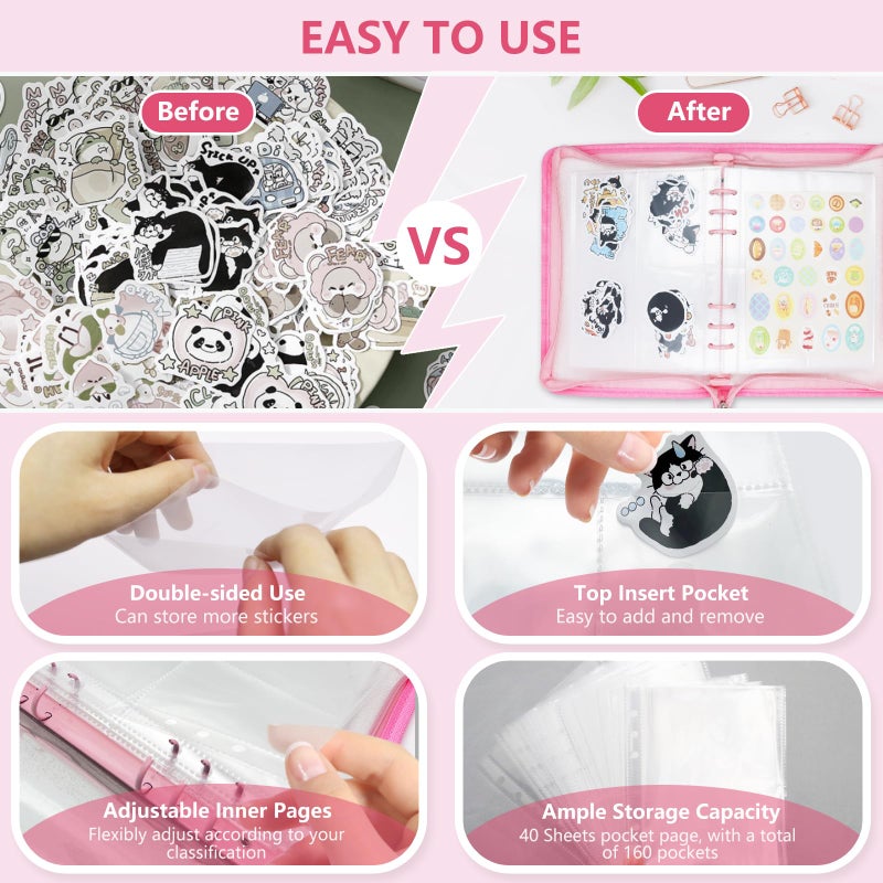 Ruatu Sticker Storage Organizer Binder A5 Reusable Sticker Book Collecting Holder Keeper Album with Pocket Zipper for Adult (pink) - Image 4