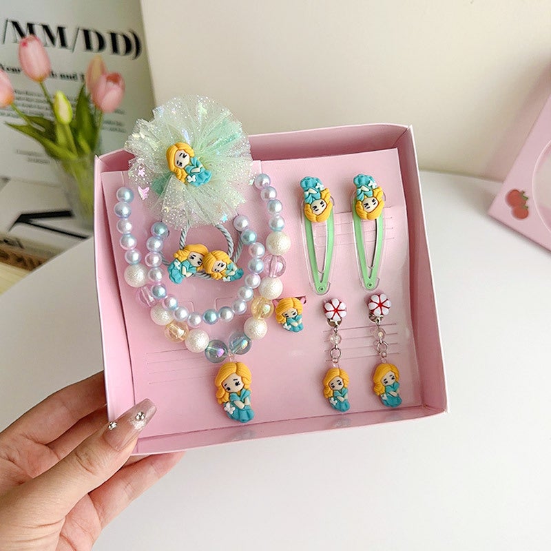 Generic Kids Jewelry Set Princess Necklace Earrings Ring Gift Box F8129-2# green princess nine-piece boxed