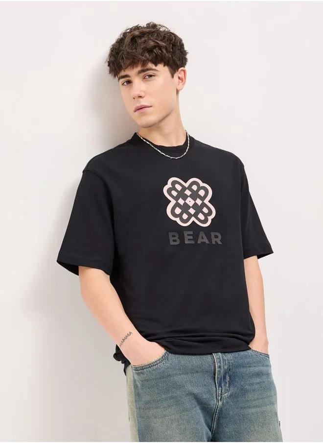 THE BEAR HOUSE Men's Black Oversize Graphic Print Crew Neck T-shirt Perfect For Casual Wear, Gym, Travel, Or Layering Stylish And Versatile Essential For Every Wardrobe