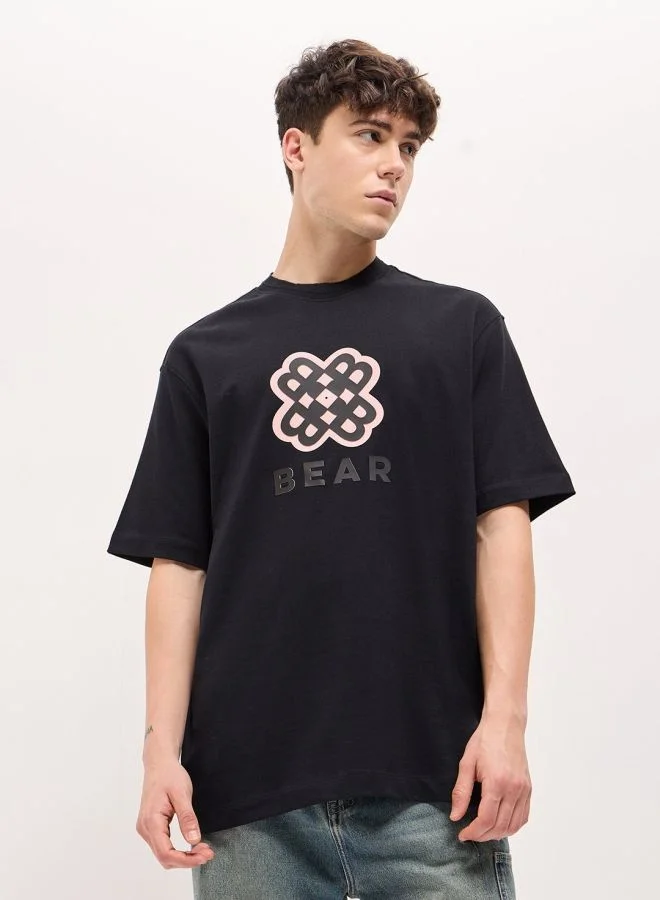 THE BEAR HOUSE Men's Black Oversize Graphic Print Crew Neck T-shirt Perfect For Casual Wear, Gym, Travel, Or Layering Stylish And Versatile Essential For Every Wardrobe