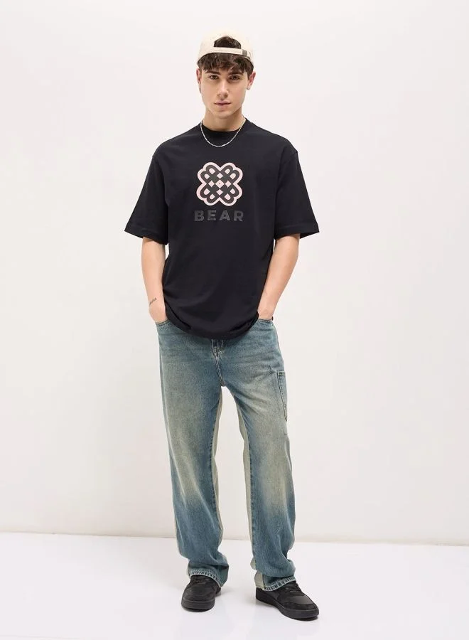 THE BEAR HOUSE Men's Black Oversize Graphic Print Crew Neck T-shirt Perfect For Casual Wear, Gym, Travel, Or Layering Stylish And Versatile Essential For Every Wardrobe