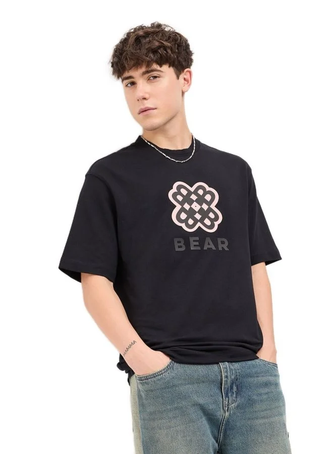 THE BEAR HOUSE Men's Black Oversize Graphic Print Crew Neck T-shirt Perfect For Casual Wear, Gym, Travel, Or Layering Stylish And Versatile Essential For Every Wardrobe