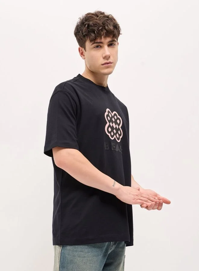 THE BEAR HOUSE Men's Black Oversize Graphic Print Crew Neck T-shirt Perfect For Casual Wear, Gym, Travel, Or Layering Stylish And Versatile Essential For Every Wardrobe