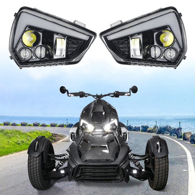 مجموعة مصابيح أمامية LED من CPOWACE متوافقة مع جميع طرازات CanAm Ryker ملحقات مصباح LED مع شعاع عالي ومنخفض وإشارة انعطاف 2PCS
