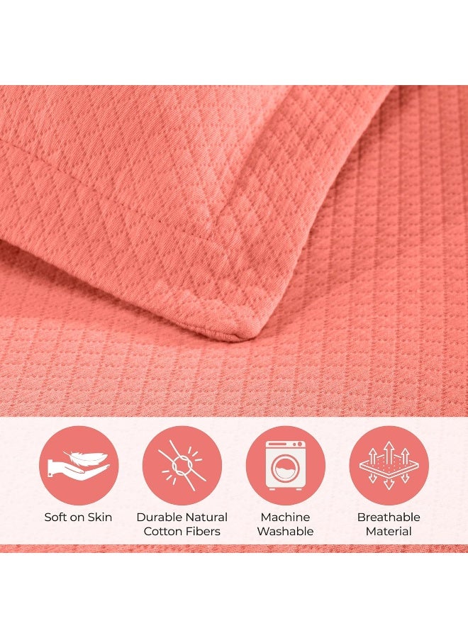 Superior Superior Solitaire Cotton 3 Piece Bedspread Set Home Bed Decor Decorative Textured Bed Spread 2 Pillow Shams Airy Blanket Matelasse Coverlet Bedding AllSeason Accent Blanket King Coral  - Image 4