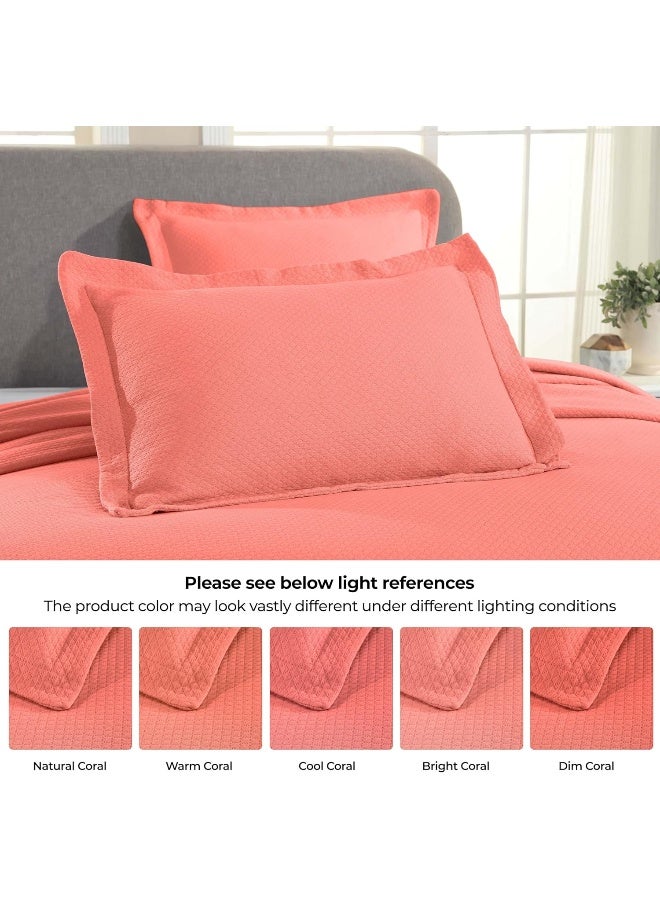 Superior Superior Solitaire Cotton 3 Piece Bedspread Set Home Bed Decor Decorative Textured Bed Spread 2 Pillow Shams Airy Blanket Matelasse Coverlet Bedding AllSeason Accent Blanket King Coral  - Image 2