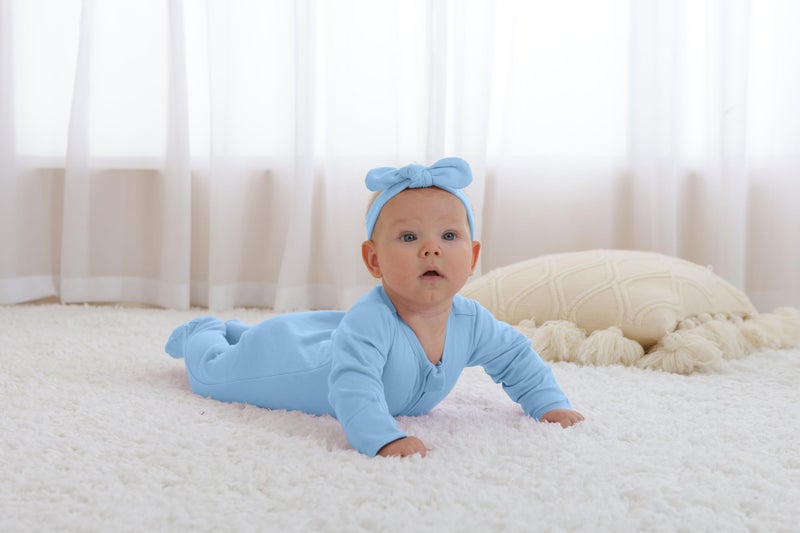 GUISBY Footed Long Sleeve Baby Pajamas with Zipper Cotton Infant Sleepers Light Blue+White Newborn - Image 2