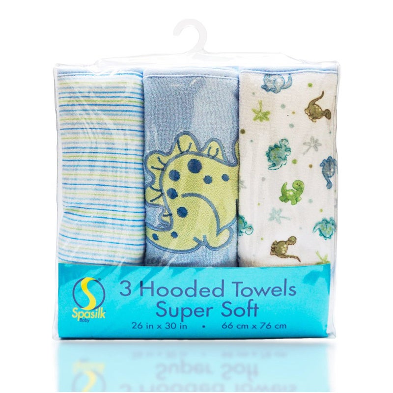 Spasilk 3-Piece Hooded Towel Set for Newborn Boys and Girls, Soft Terry Baby Towels, Baby Essentials, Blue Dino - Image 1