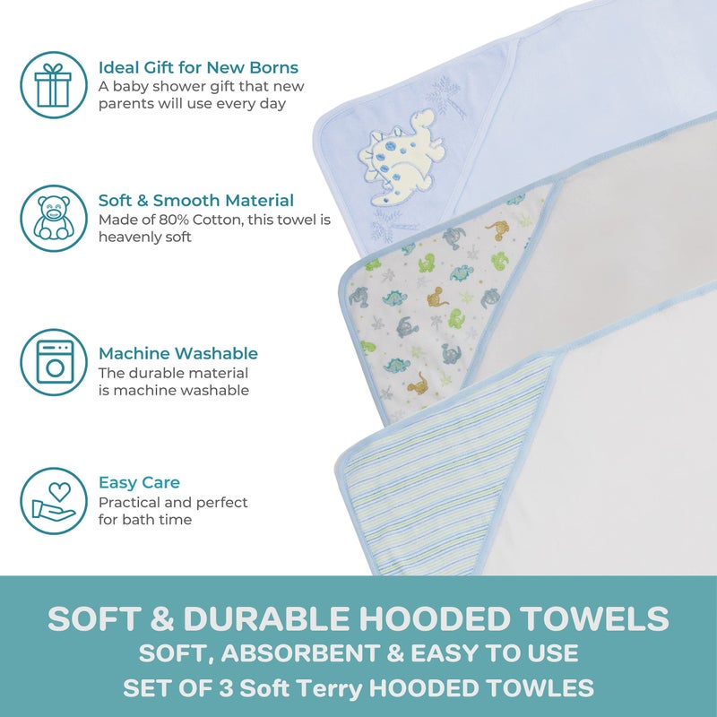 Spasilk 3-Piece Hooded Towel Set for Newborn Boys and Girls, Soft Terry Baby Towels, Baby Essentials, Blue Dino - Image 4